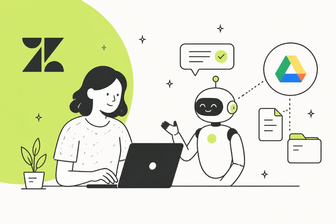 Illustration of a Zendesk AI agent connected to a Google Drive knowledge source