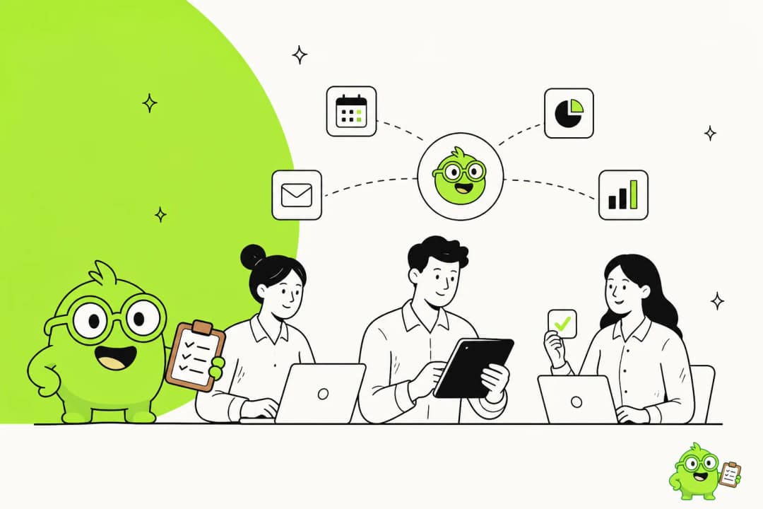 Hand-drawn illustration of a green cartoon assistant holding a checklist beside three people at laptops, connected to calendar, email and reporting app icons