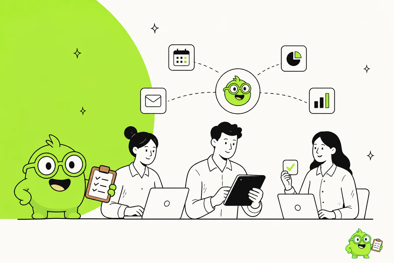 Hand-drawn illustration of a green cartoon assistant holding a checklist beside three people at laptops, connected to calendar, email and reporting app icons