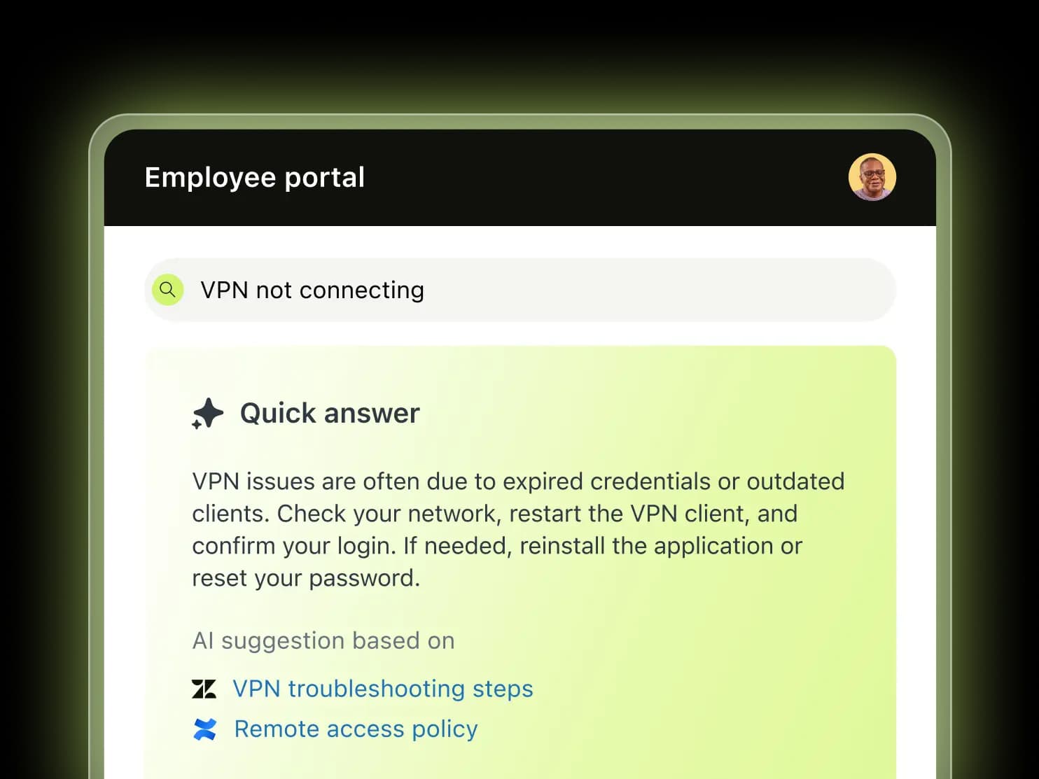 Zendesk employee portal returning a Quick answer to "VPN not connecting" with cited sources from a Zendesk article and a Confluence policy page, as taken from Zendesk