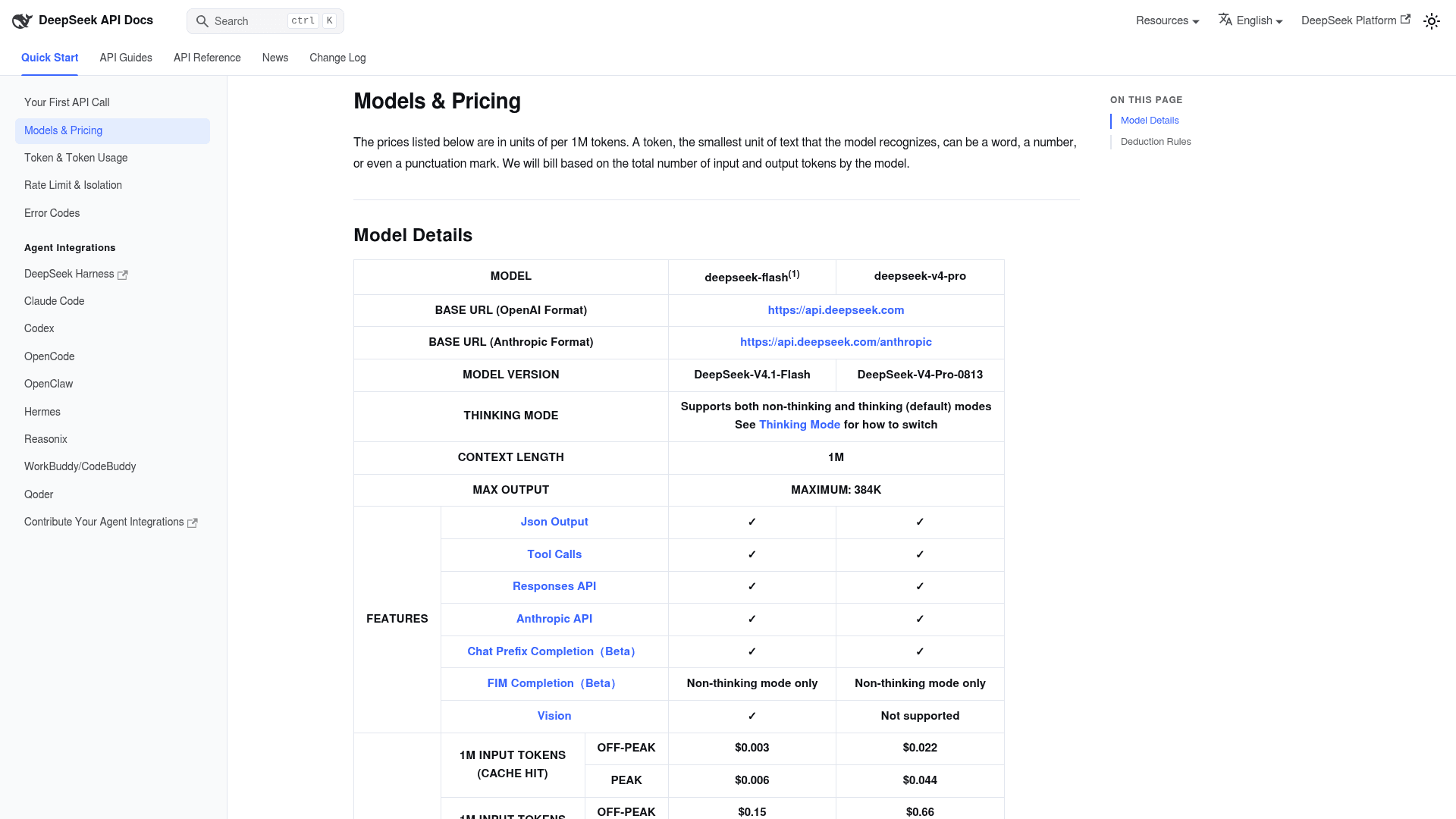 DeepSeek's Models and Pricing page, showing model details for deepseek-flash (DeepSeek-V4.1-Flash) and deepseek-v4-pro, a 1M context length, 384K max output, and off-peak and peak token prices, with DeepSeek Harness listed under agent integrations, as taken from DeepSeek API Docs
