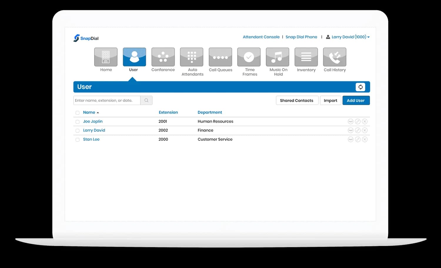 Snap Dial user management screen listing users with their extensions and departments, as taken from Snap Dial