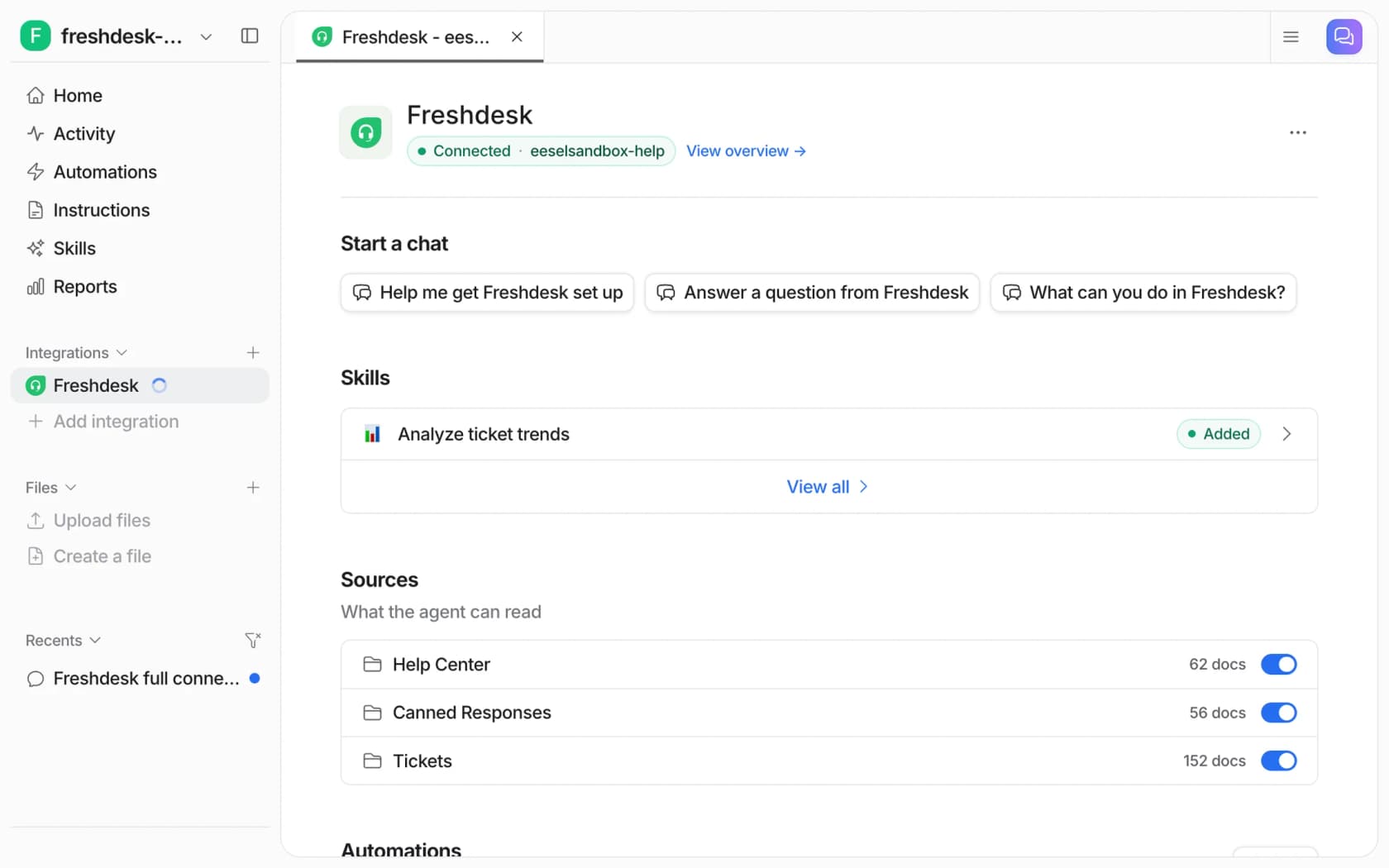 eesel's Freshdesk integration page listing Help Center, Canned Responses and Tickets as sources, as taken from the eesel docs