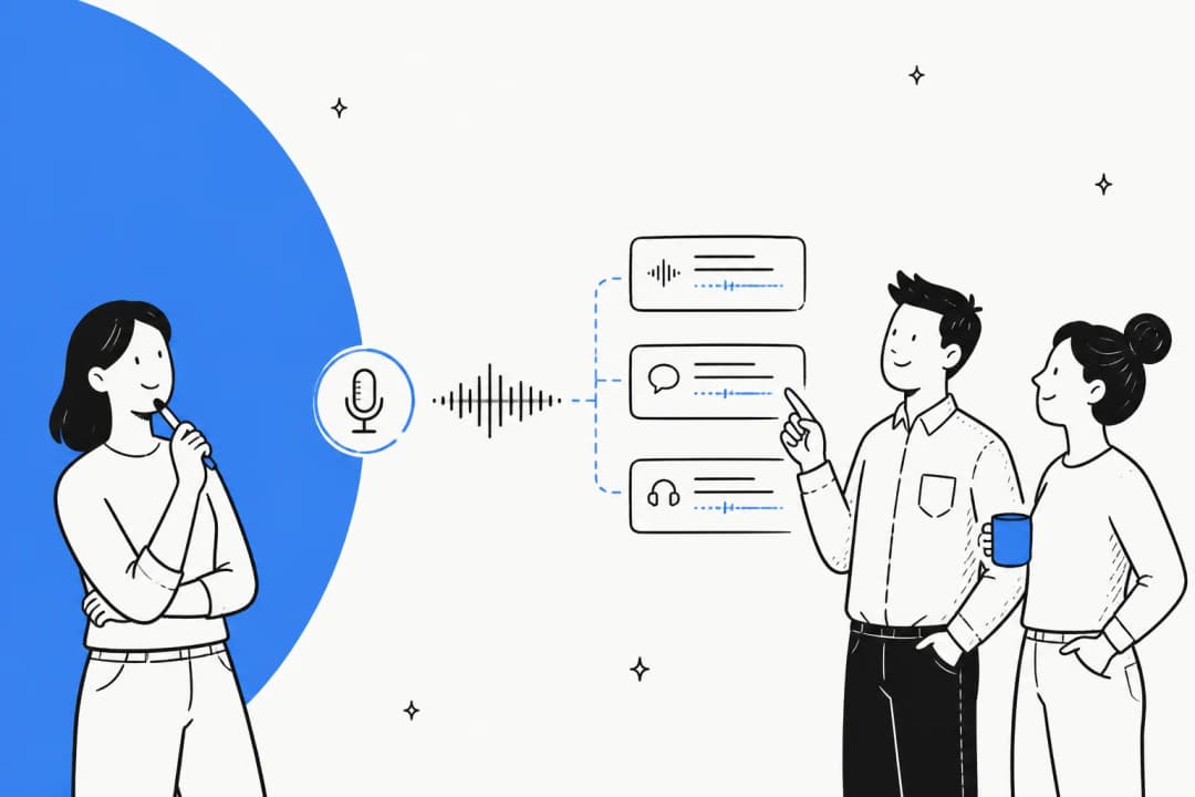 Illustration of a microphone feeding audio into three transcript cards