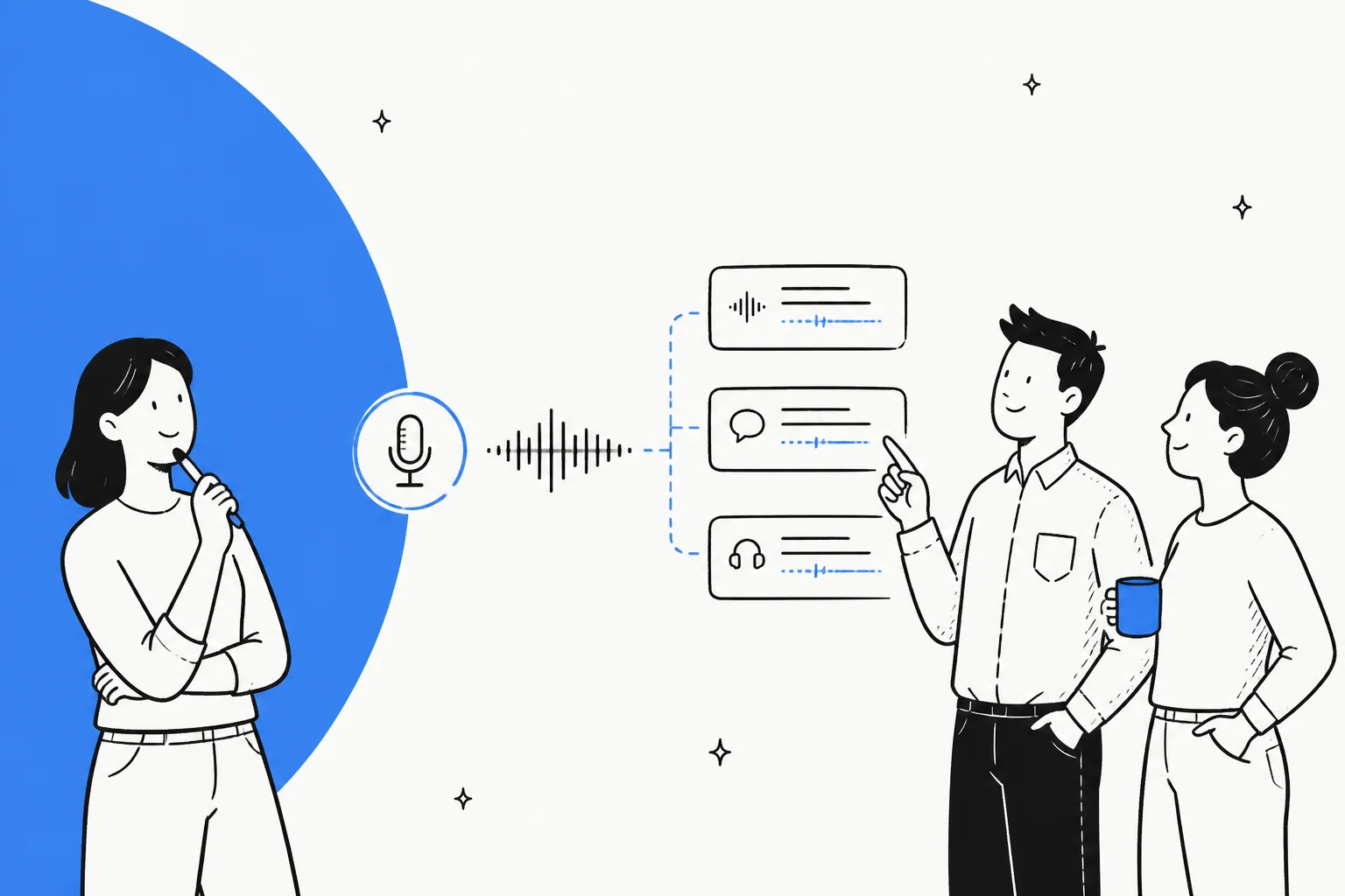 Illustration of a microphone feeding audio into three transcript cards