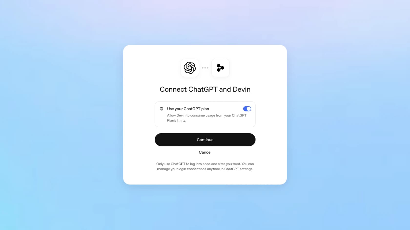 Devin's consent screen asking to connect ChatGPT, with a "Use your ChatGPT plan" toggle switched on, as shown in OpenAI's DevDay 2026 recap