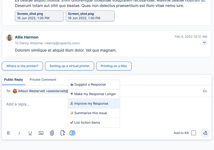 Capacity's Console showing an AI assist menu with Suggest a Response, Make my Response Longer, Improve my Response, Summarize this Issue and List Action Items, as taken from Capacity's G2 gallery