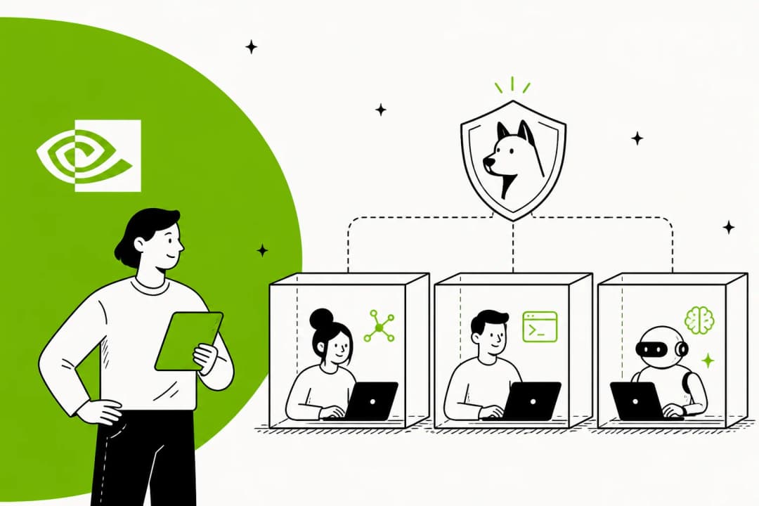 Bannière illustrée d'agents IA travaillant dans des boîtes sandbox séparées pendant qu'un gardien en forme de bouclier les surveille de l'extérieur, pour un article sur la NVIDIA Open Agent Safety Platform