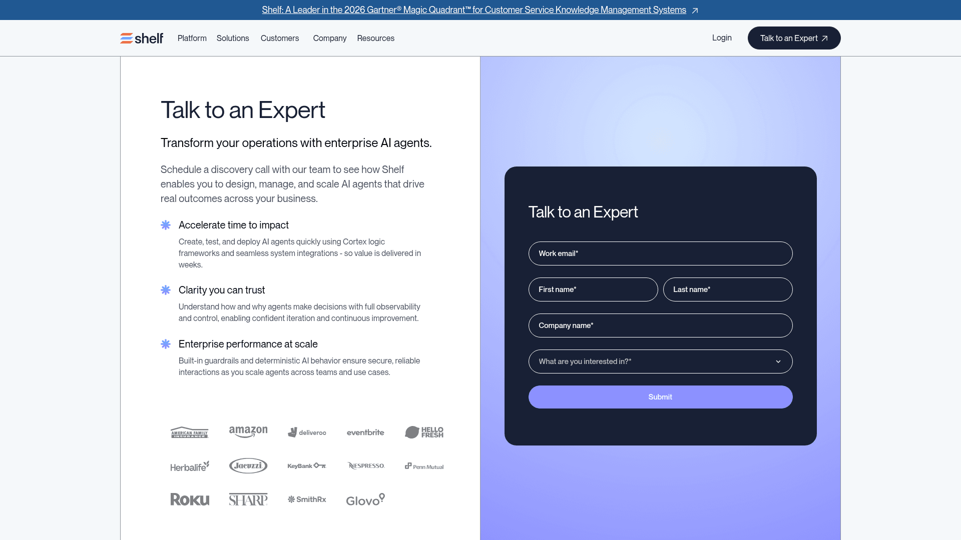 Shelf's Talk to an Expert page, the single conversion path on the site, with a required "What are you interested in?" dropdown, as taken from Shelf