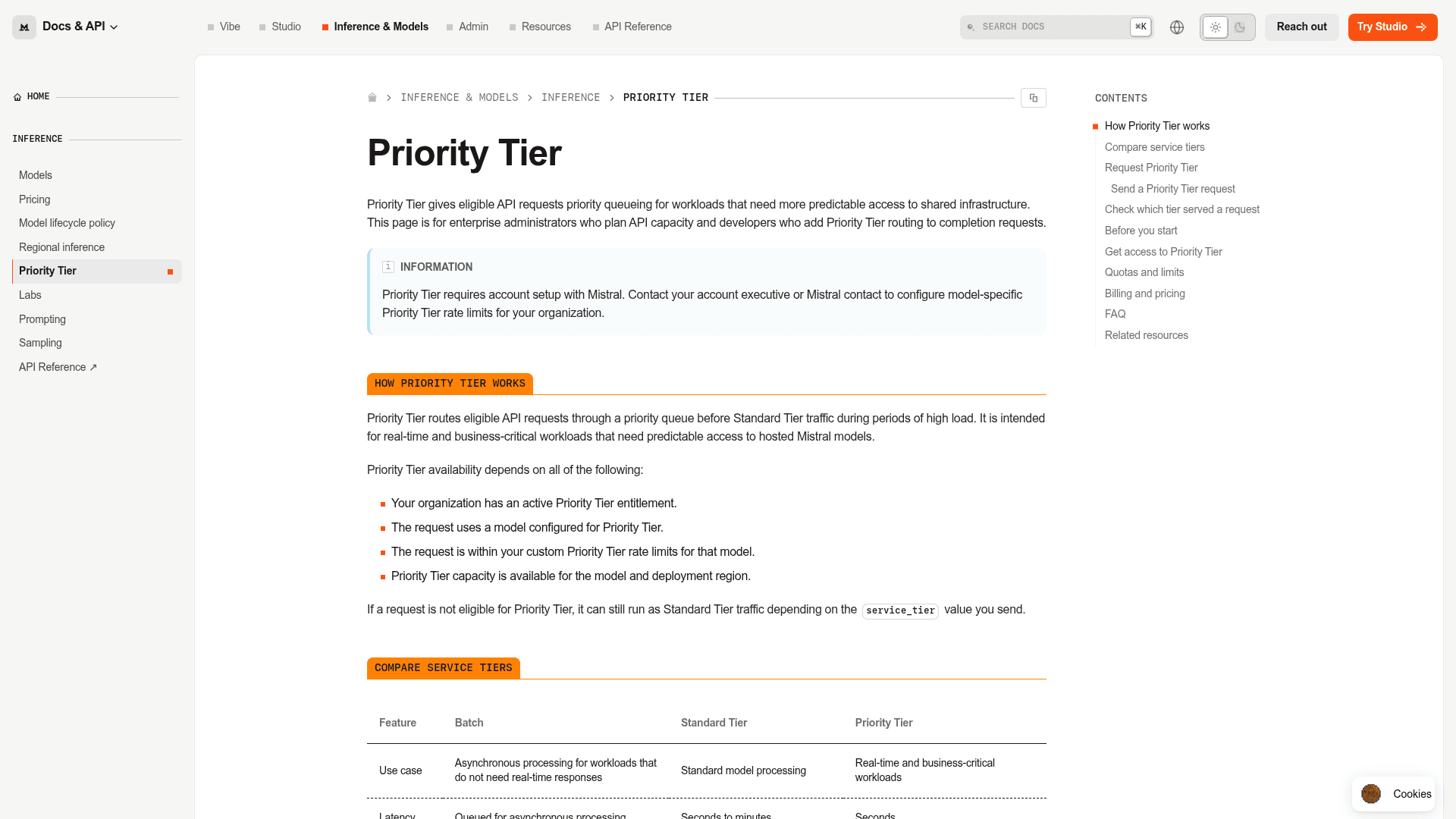 Mistral docs page explaining Priority Tier, including the requirement to contact an account executive and the service tier comparison table, as taken from Mistral docs