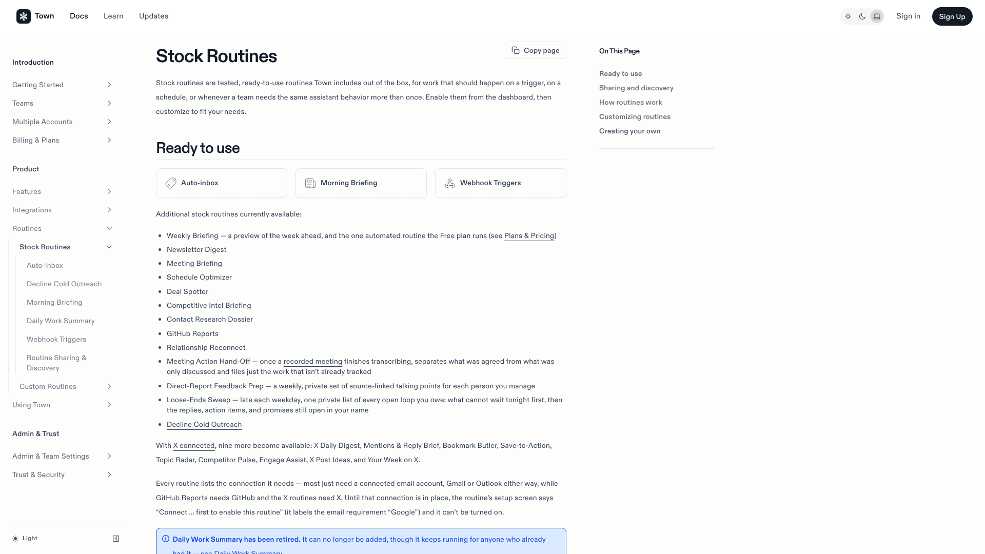 Town's Stock Routines docs page listing Auto-inbox, Morning Briefing, Webhook Triggers and other ready-to-use routines like Meeting Briefing and Deal Spotter, as taken from Town's docs