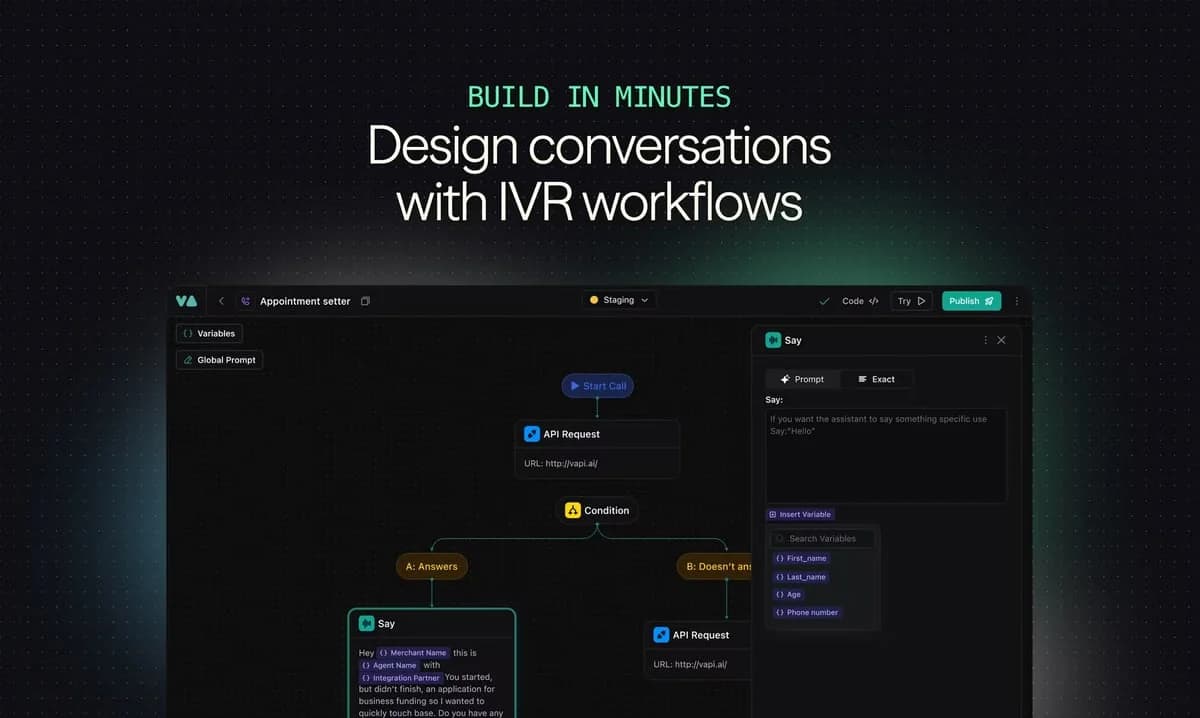 Vapi's builder for shipping real-time voice AI agents and workflows, as taken from Vapi