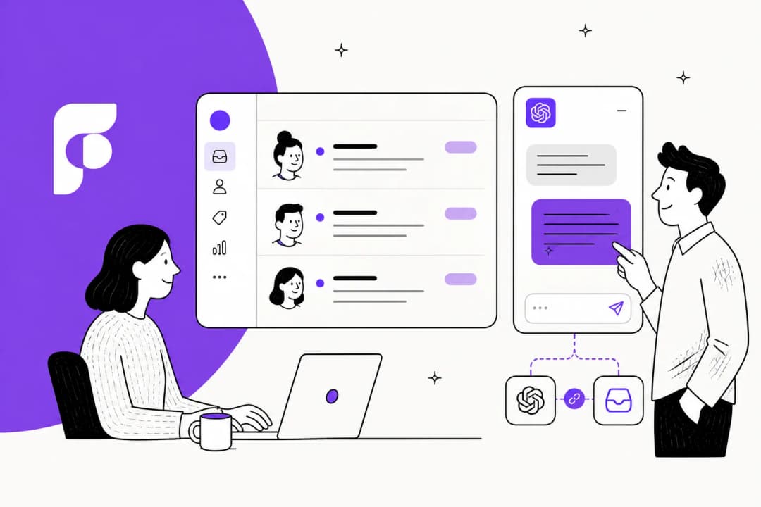 Illustration of a Front shared inbox beside a ChatGPT window, connected by a link icon