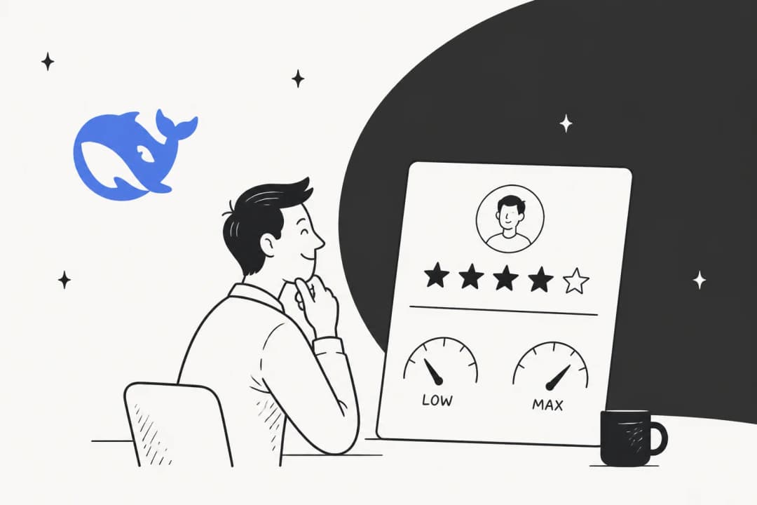 A reviewer looking at a verdict scorecard with two effort dials labelled low and max, beside the DeepSeek whale