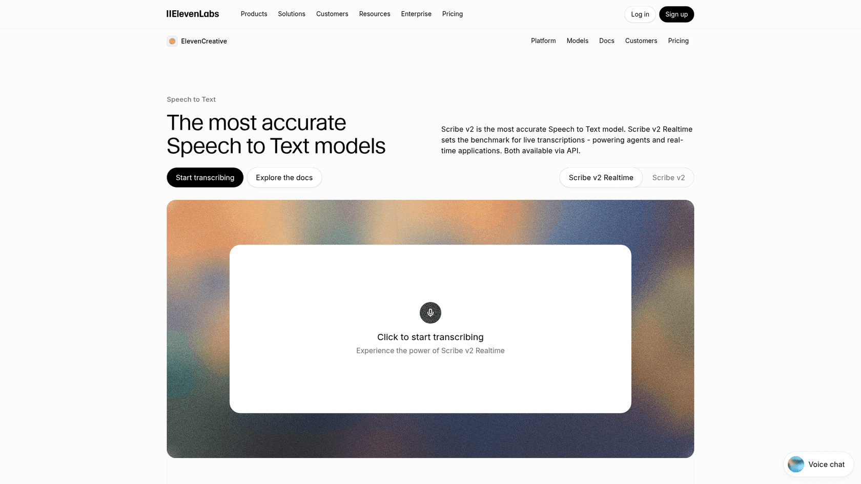 The ElevenLabs Scribe speech-to-text page with a live transcription demo, as taken from ElevenLabs