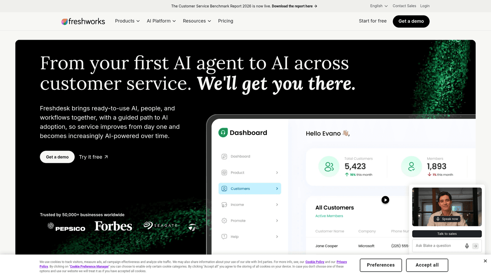 The Freshdesk Omni product page showing its omnichannel support and Freddy AI