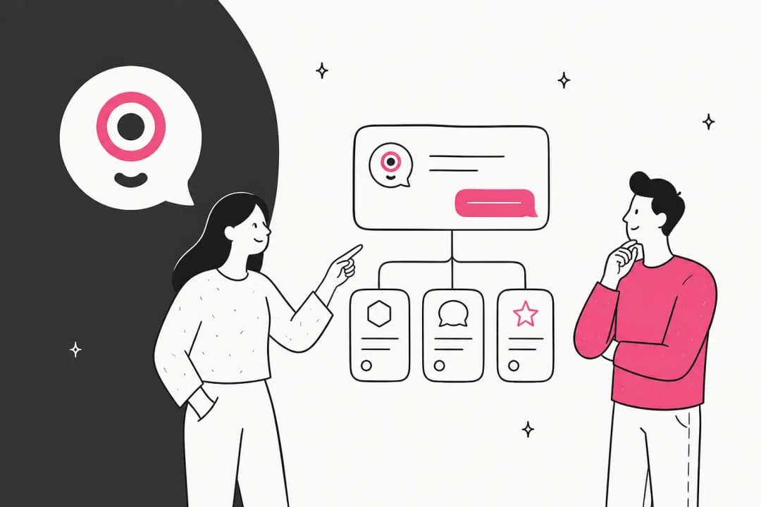 Hand-drawn illustration of two people comparing a chatbot flow that branches into three alternative tool cards