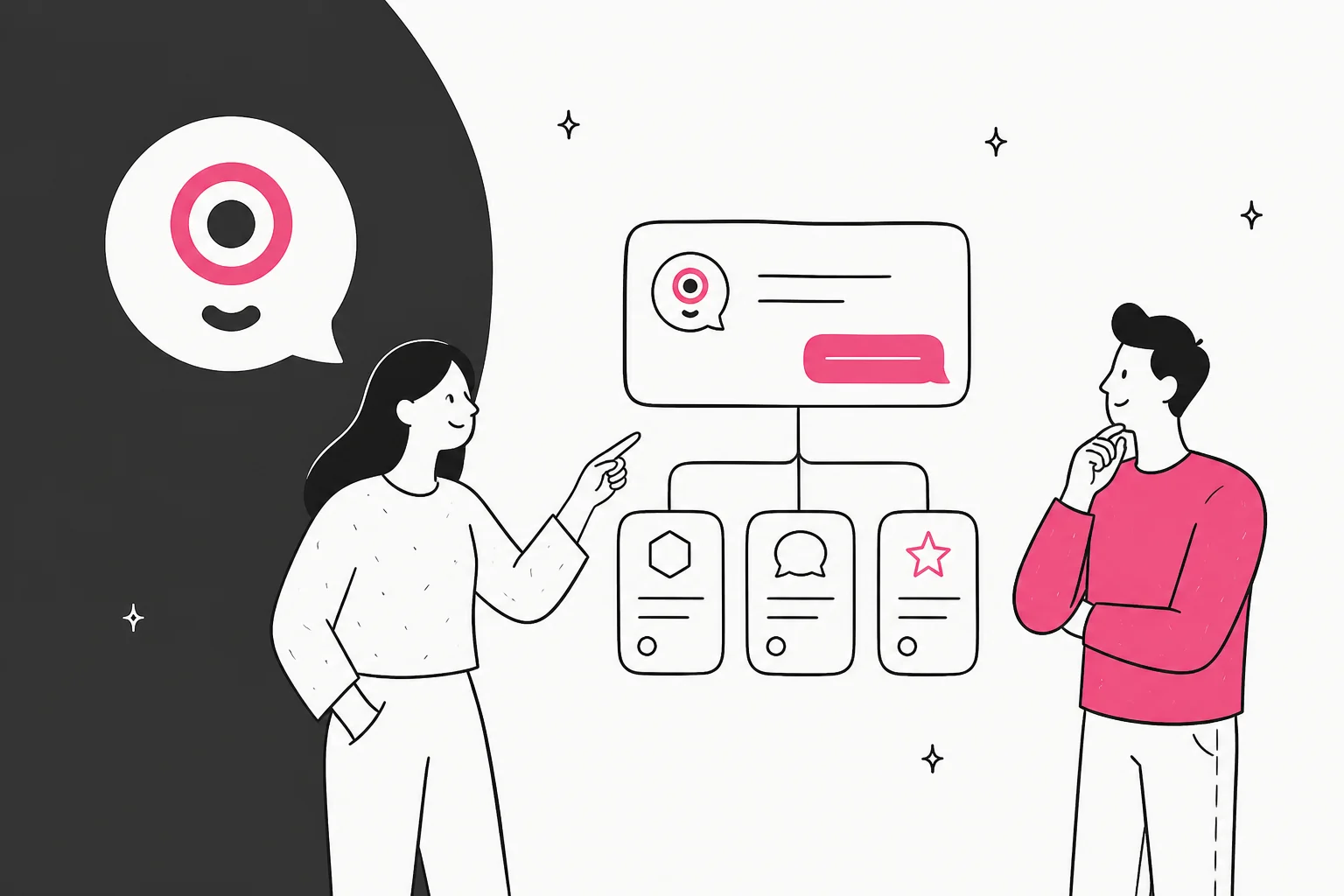 Hand-drawn illustration of two people comparing a chatbot flow that branches into three alternative tool cards