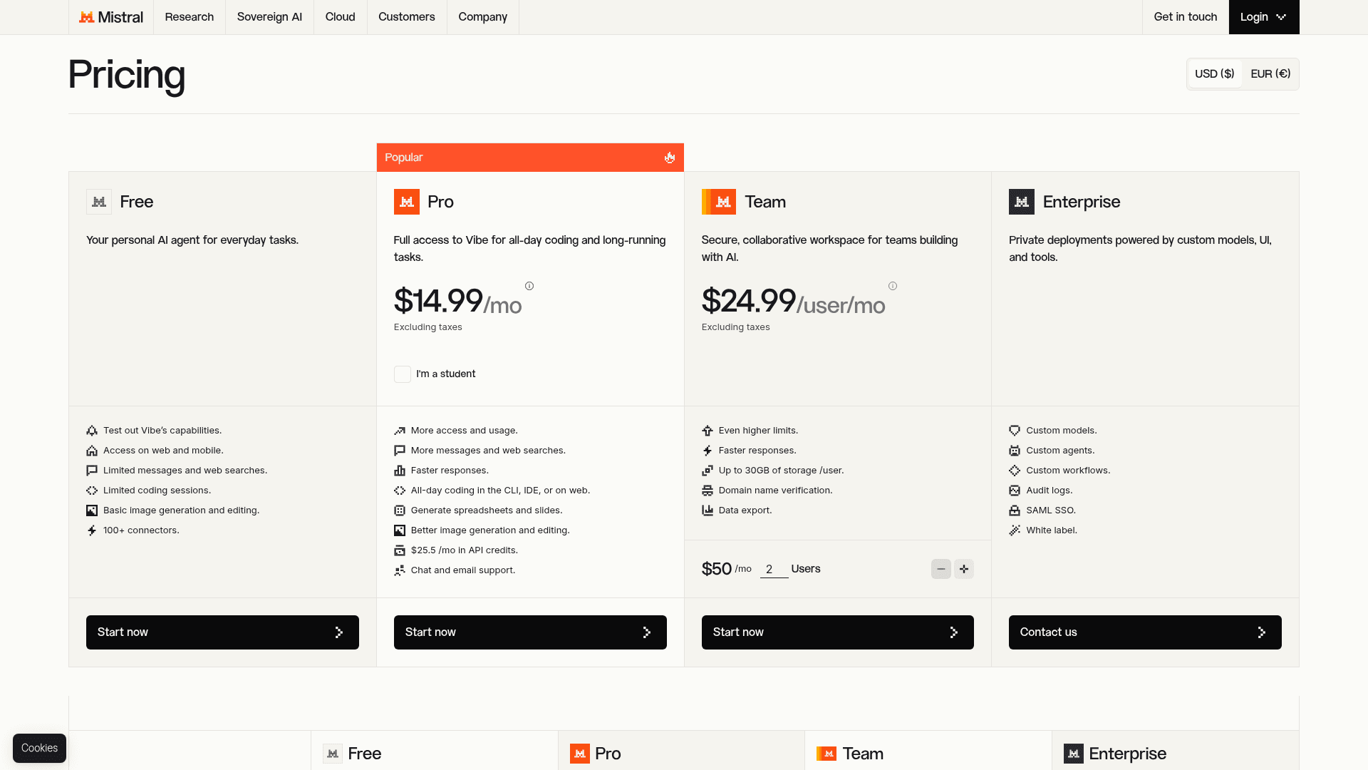 Mistral Vibe pricing page showing Free, Pro at $14.99 per month, Team at $24.99 per user per month and Enterprise, as taken from Mistral