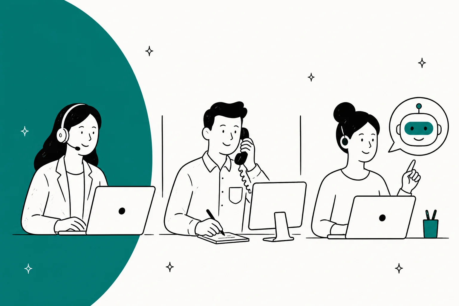 Illustration of three help desk delivery models: an in-house agent, an outsourced agent on a call, and an agent working alongside an AI assistant