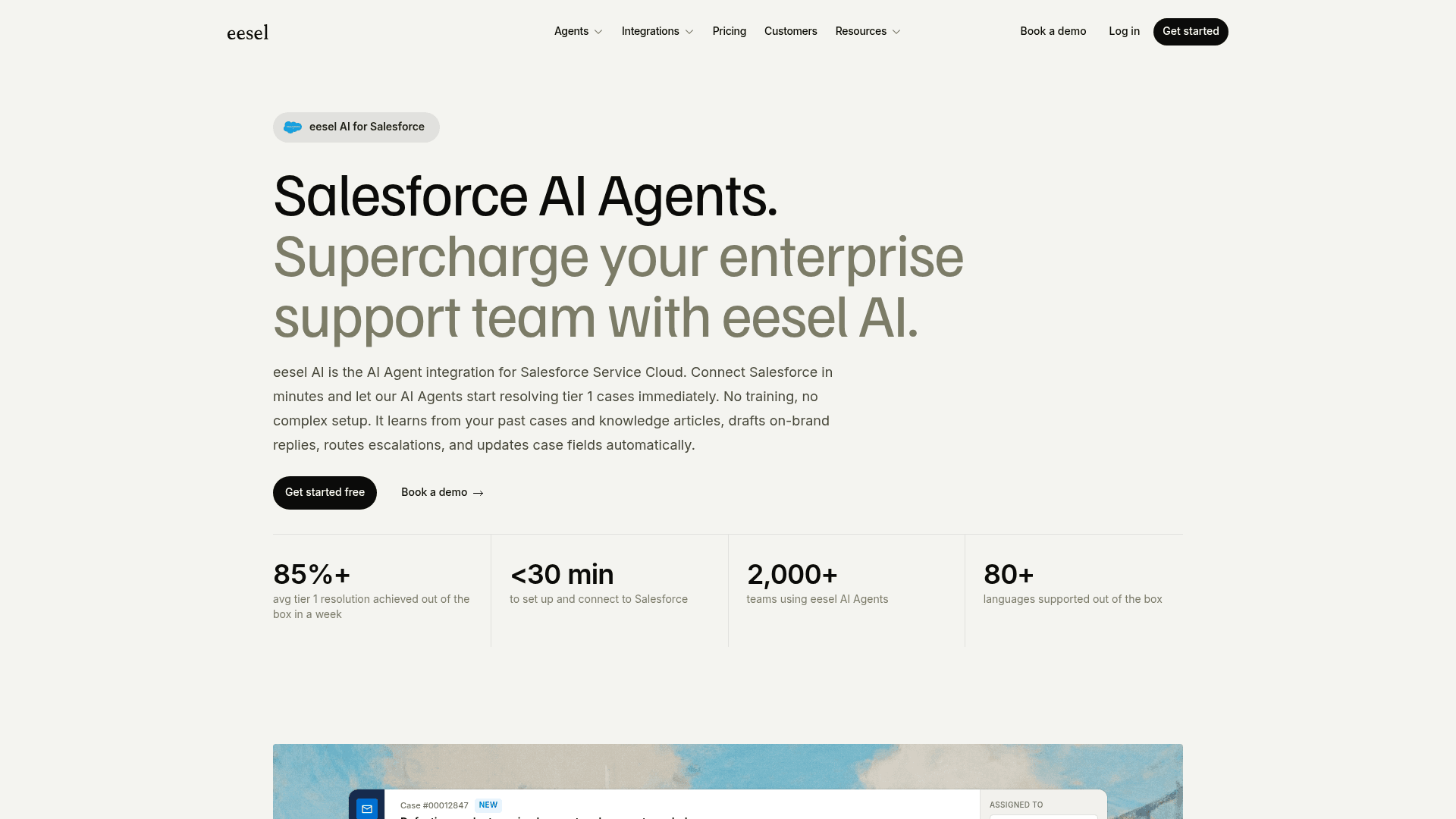 eesel's Salesforce integration page, showing AI Agents resolving Service Cloud cases with 85%+ tier-1 resolution and under 30 minute setup