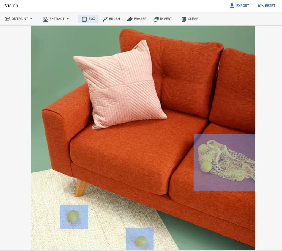 Google's Imagen inpainting example: a base photo, a white mask over a bag of lemons on a couch, and the prompt used to remove them, as taken from Google Cloud