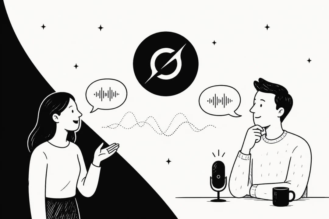 Two people in conversation with speech waveforms between them and the Grok logo above
