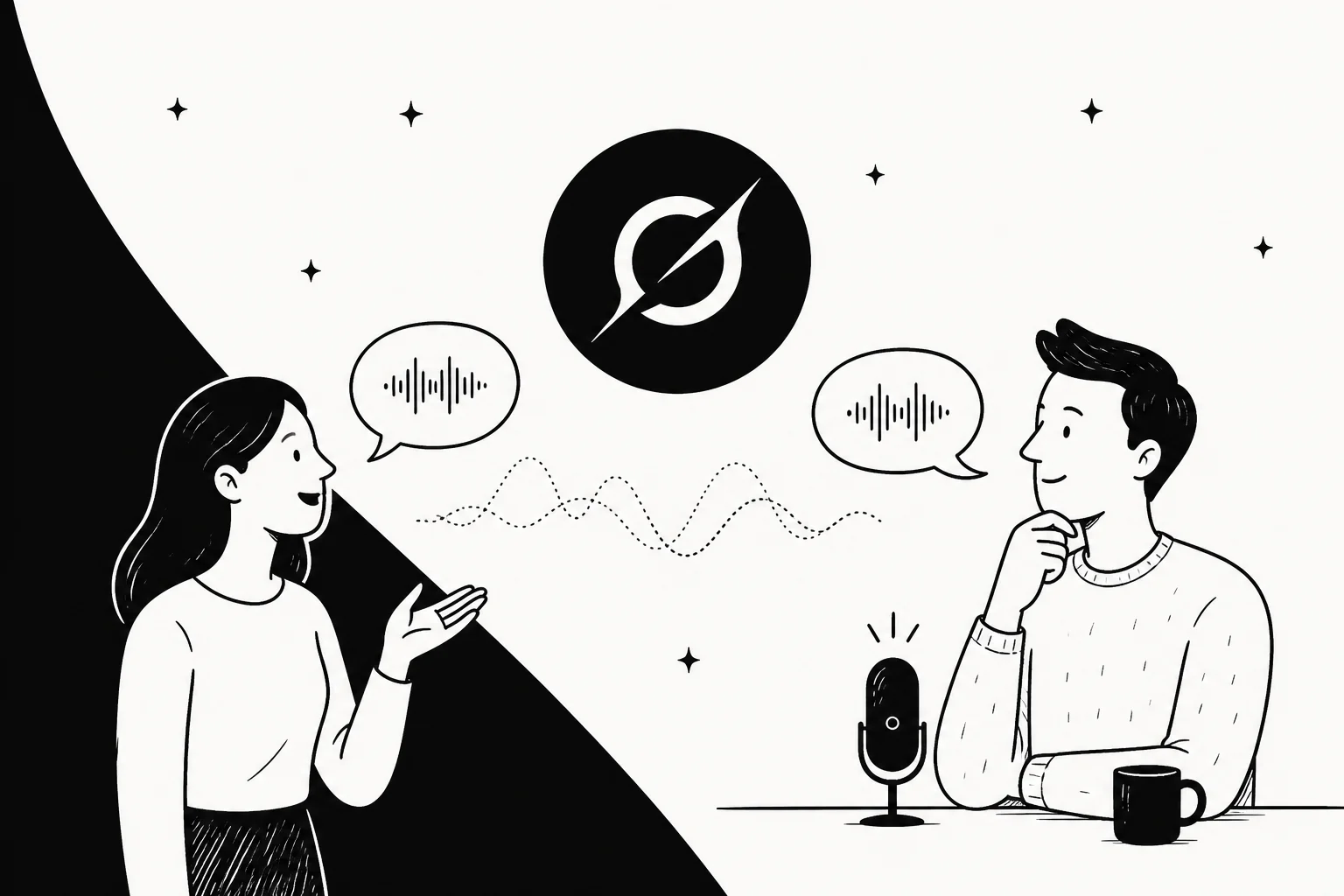 Two people in conversation with speech waveforms between them and the Grok logo above