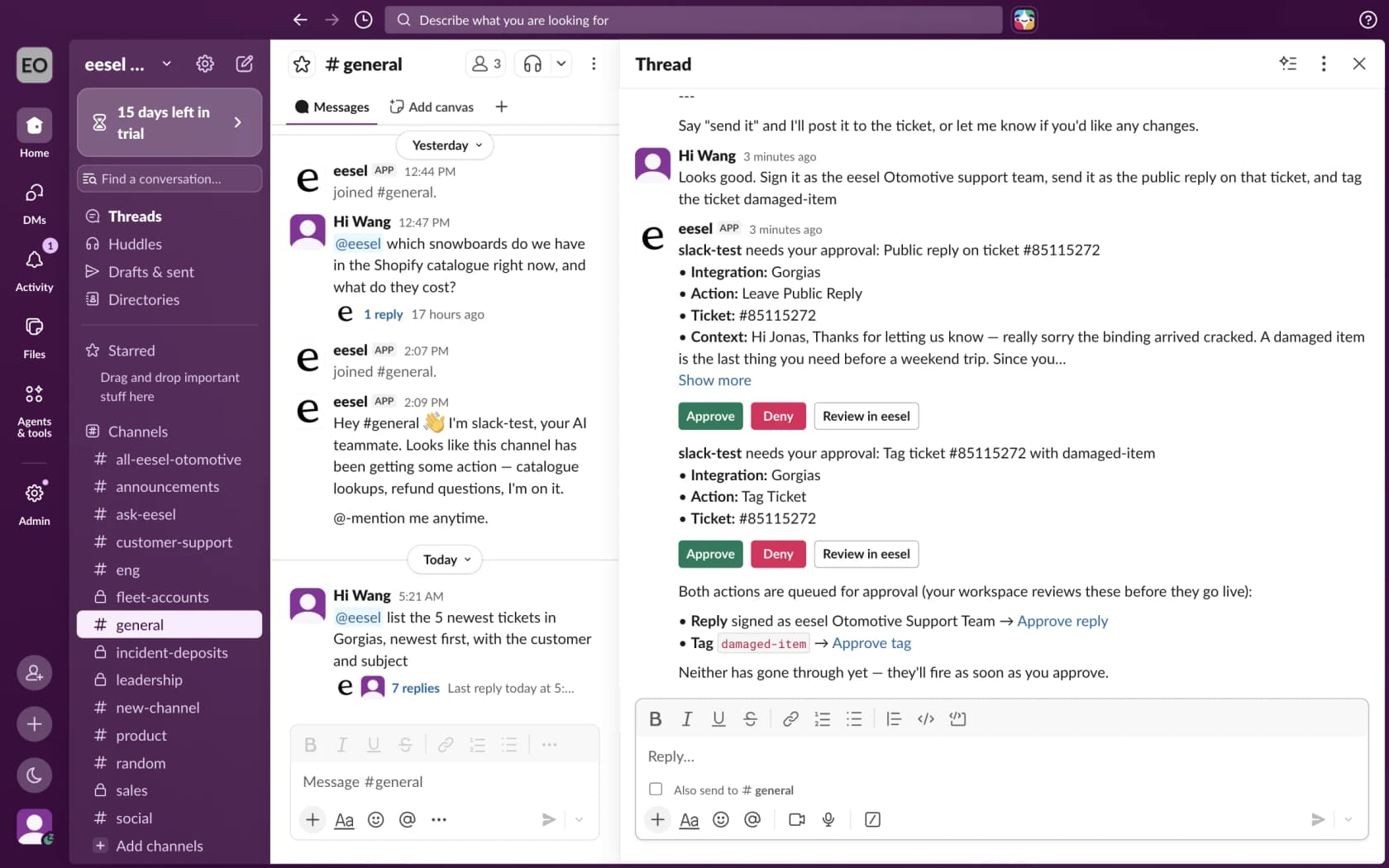 An eesel approval card in a Slack thread with Approve, Deny and Review in eesel buttons for a pending action