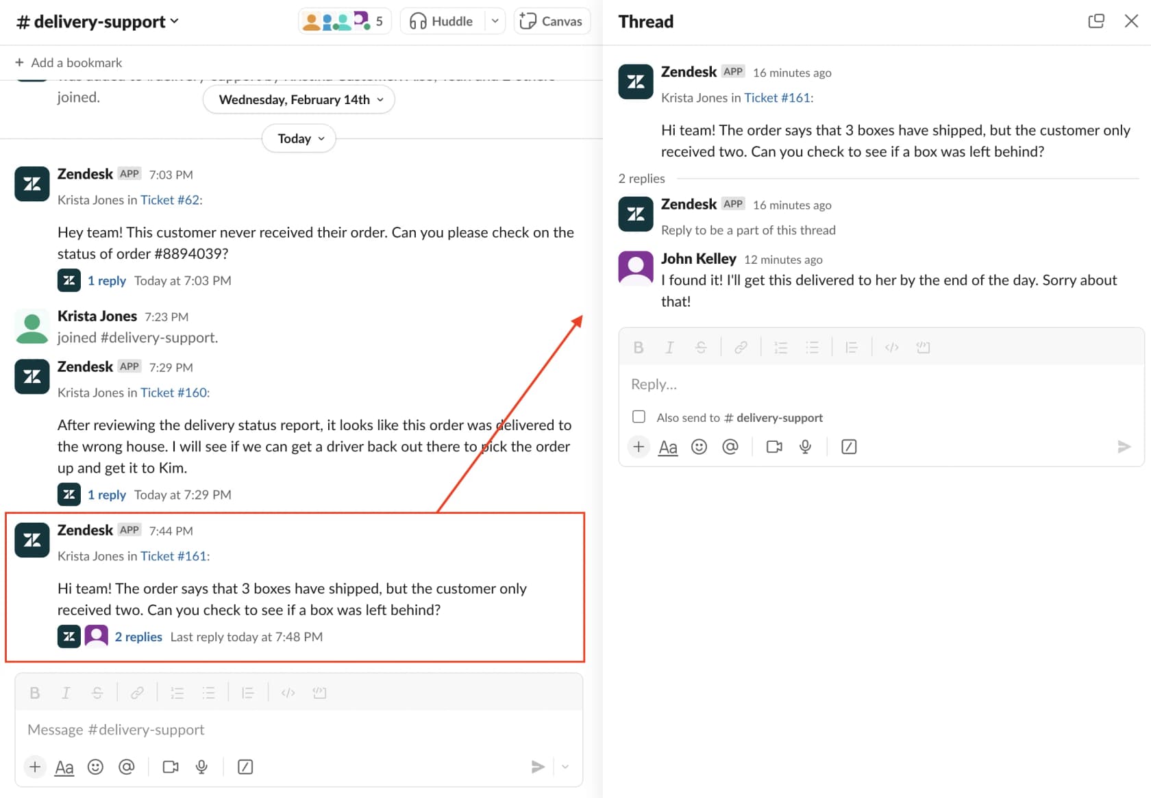 A Slack channel where the Zendesk app posted a question from ticket 161 and a teammate replied in the thread, as taken from Zendesk's help center