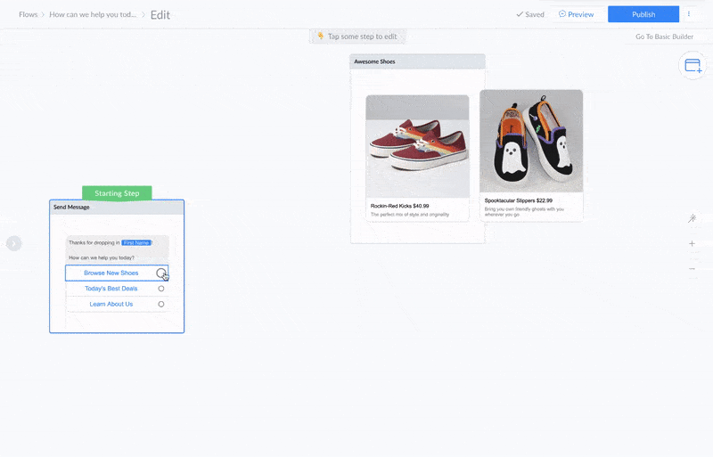 ManyChat's visual flow builder, where you drag together message steps, product cards, and buttons, as taken from ManyChat