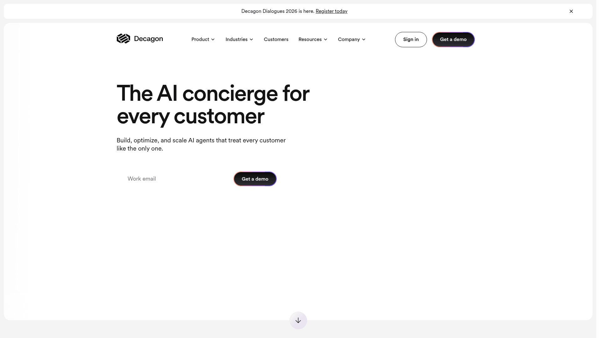 Decagon's homepage, positioning the product as an AI concierge for every customer