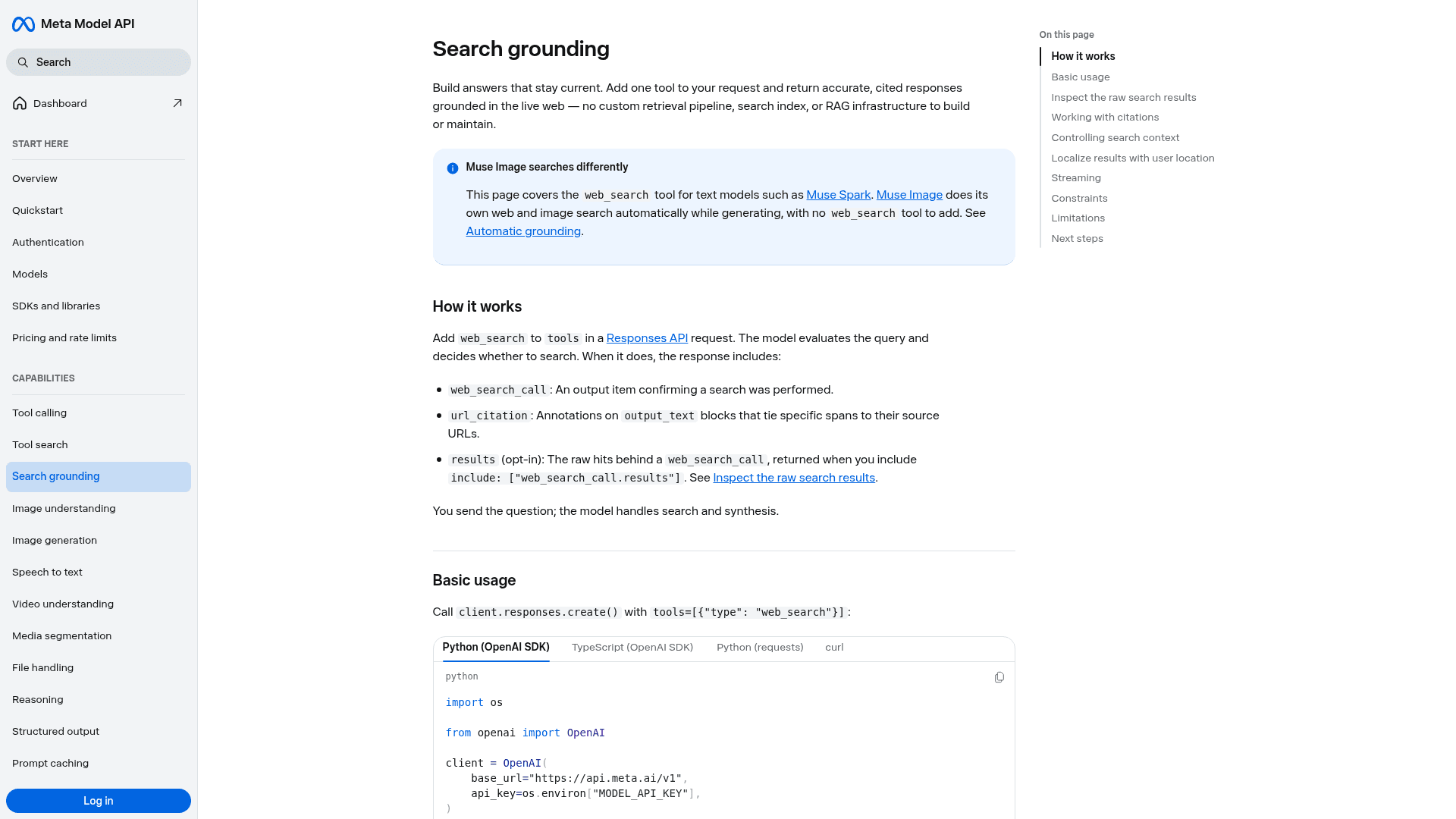 The search grounding page in Meta's Model API docs, showing how web_search returns url_citation annotations, as taken from dev.meta.ai