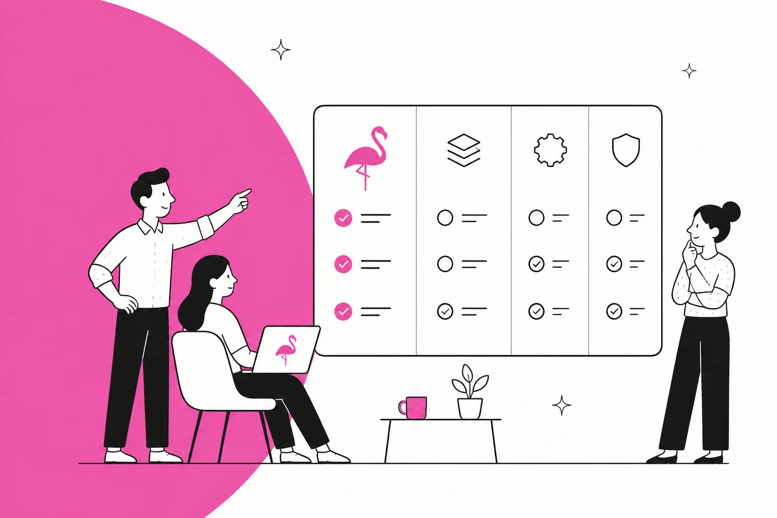 Illustration of an MSP team comparing IT platform options on a feature matrix, in Flamingo pink