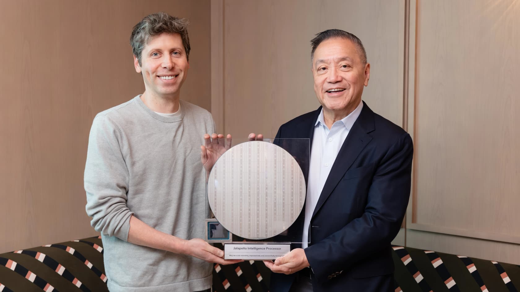 OpenAI and Broadcom leaders holding up the Jalapeño inference chip, as shared by OpenAI