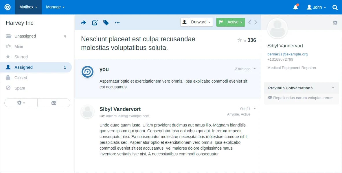 FreeScout conversation view showing a threaded customer reply with the contact panel on the right, as taken from FreeScout
