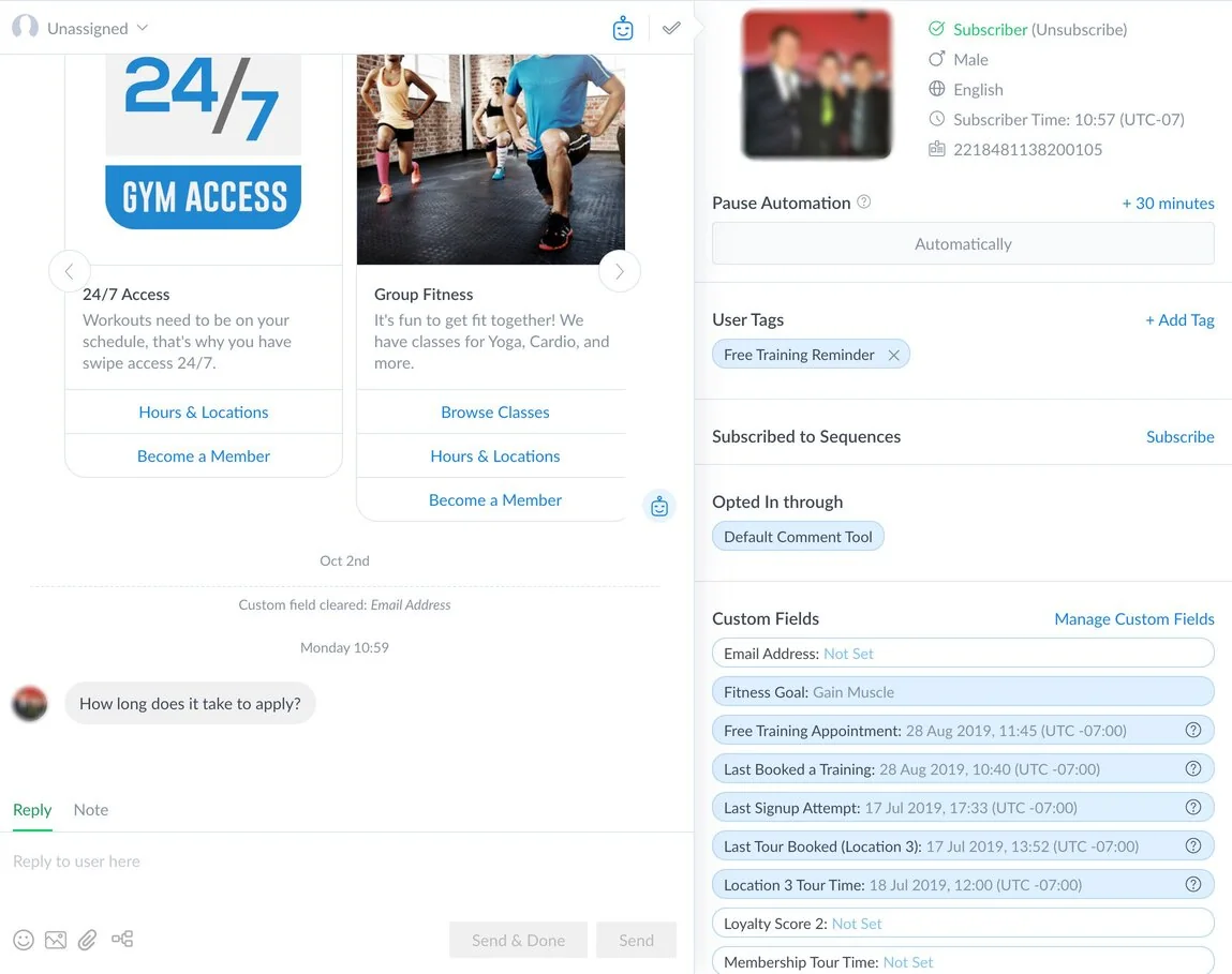 ManyChat's Live Chat inbox, where a human takes over a paused automation, as taken from ManyChat