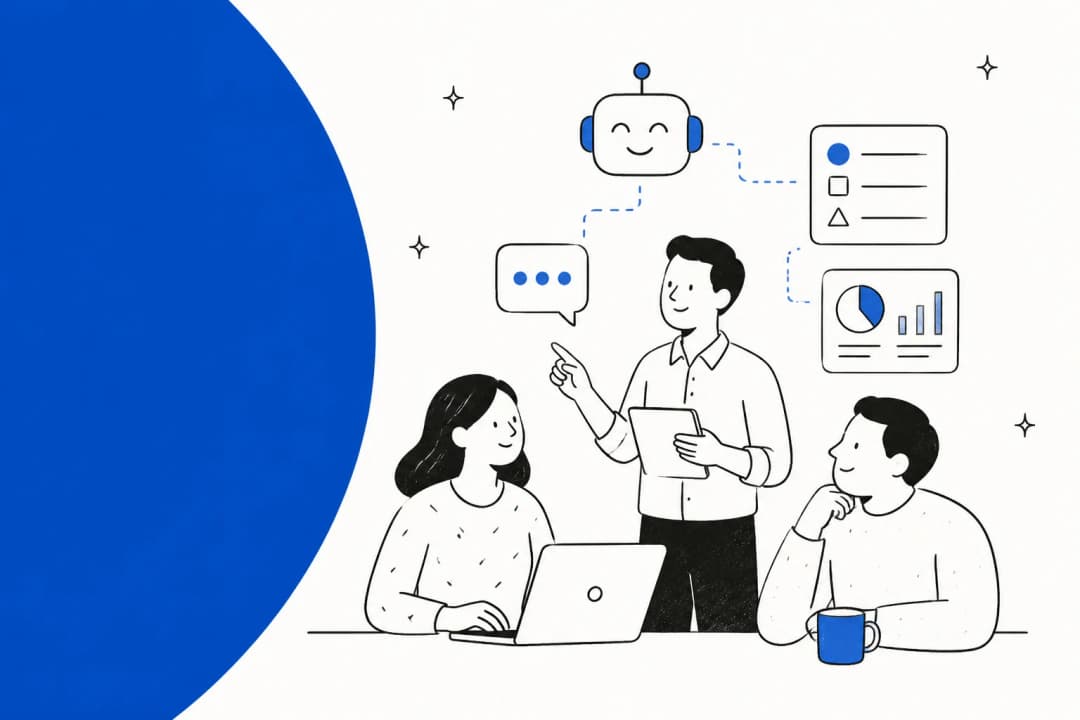 Illustration of a service team working alongside an AI assistant, with request queues and reporting panels
