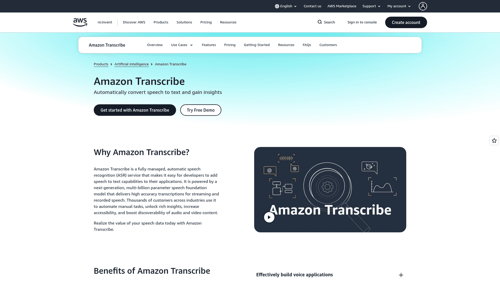 The Amazon Transcribe product page on AWS, as taken from Amazon Web Services