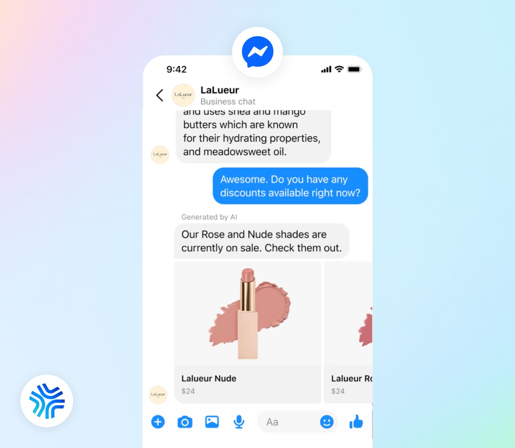 Meta Business Agent replying to a shopper in Messenger, with the reply marked as generated by AI, as taken from Meta's launch post