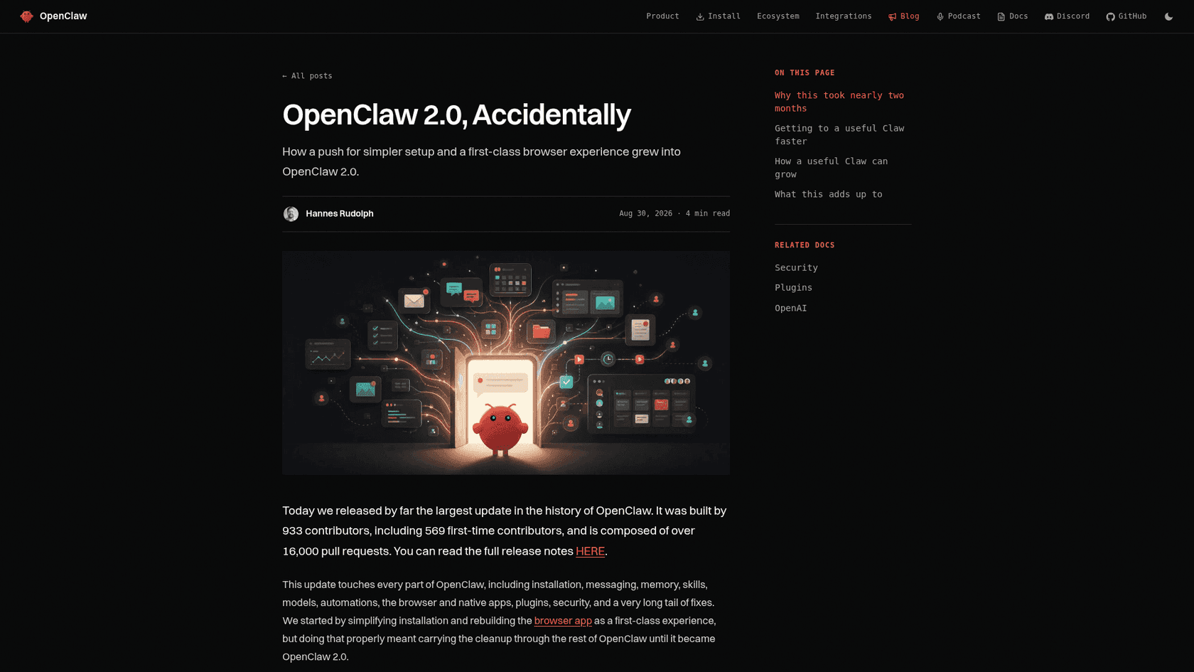OpenClaw 2.0's release announcement blog, as taken from OpenClaw