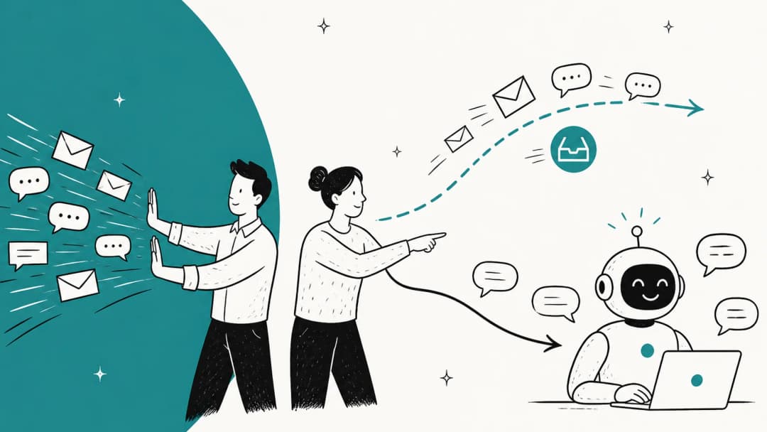 Hand-drawn illustration of a support agent holding back a wave of tickets and chats while a teammate points the overflow toward a backup inbox and a friendly AI teammate at a laptop