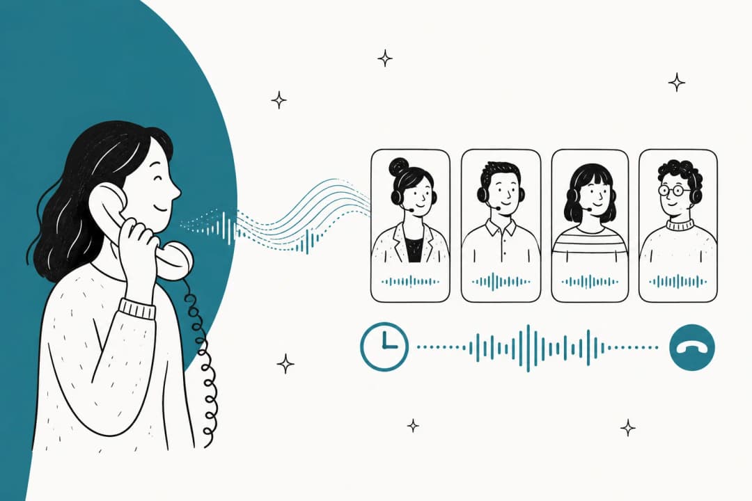 Hand-drawn illustration of a caller on a phone whose voice flows into a row of four AI agent cards, above a call timer and waveform