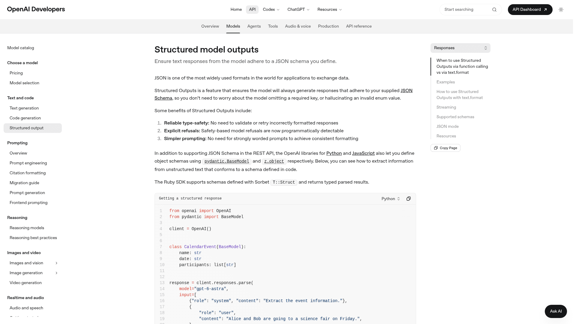 OpenAI Structured Outputs documentation, showing type-safe JSON schema responses, as documented on the OpenAI developer site