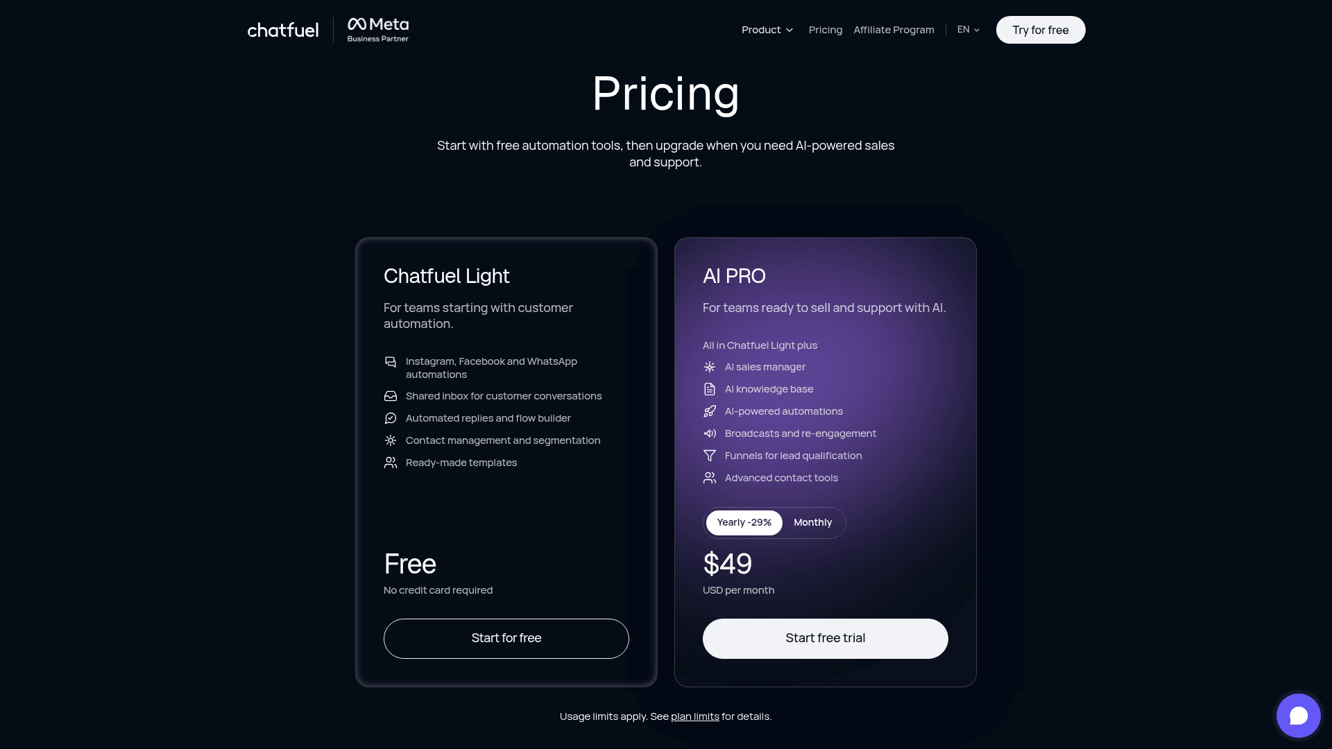 Chatfuel's two current plans, Light and AI Pro, from Chatfuel's pricing page.