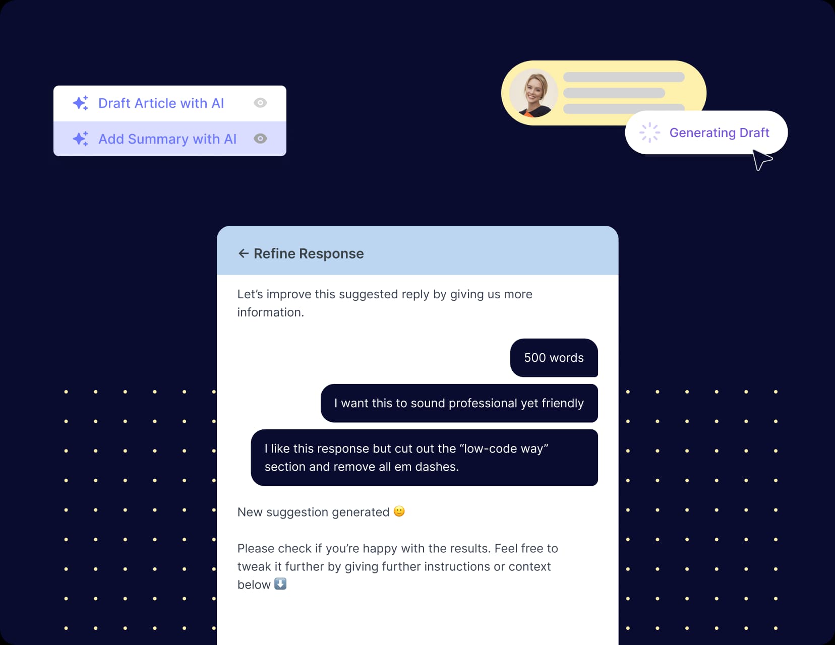 Deskpro's AI Assist panel drafting and refining a suggested reply, as taken from Deskpro