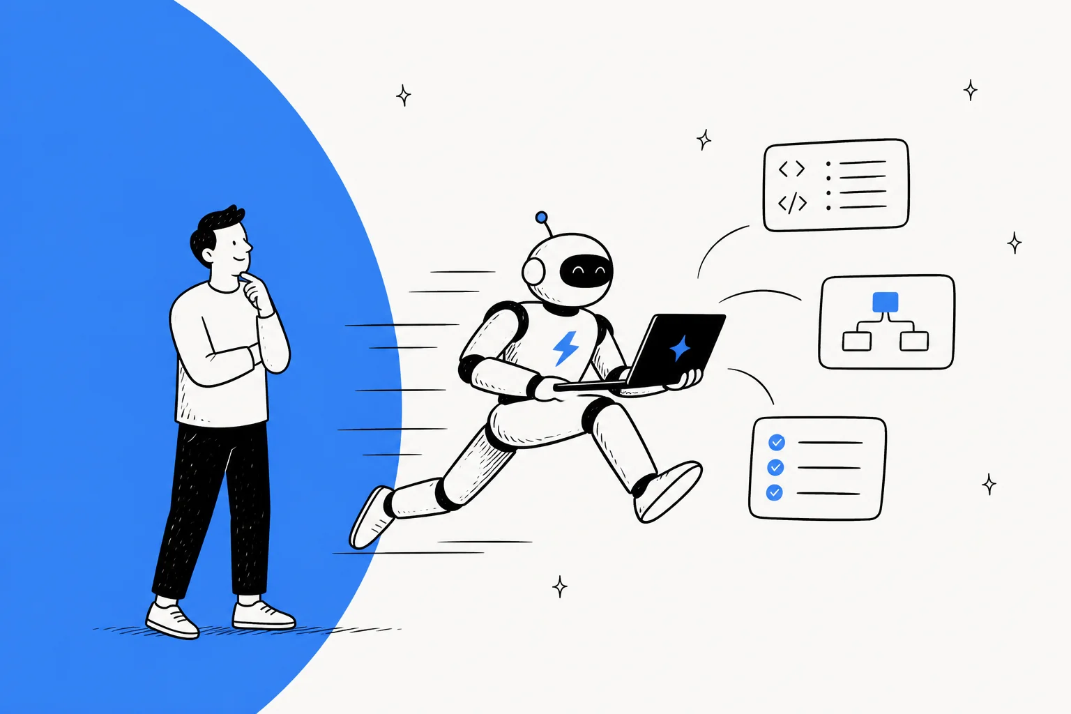 Illustration of a fast-moving robot coding on a laptop while a person watches, representing Gemini 3.8 Flash