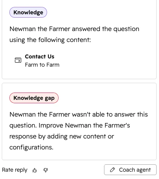 HubSpot help desk agent insights showing a reply answered using Contact Us content and another flagged as a Knowledge gap, with Rate reply and Coach agent buttons, as shown in HubSpot's knowledge base