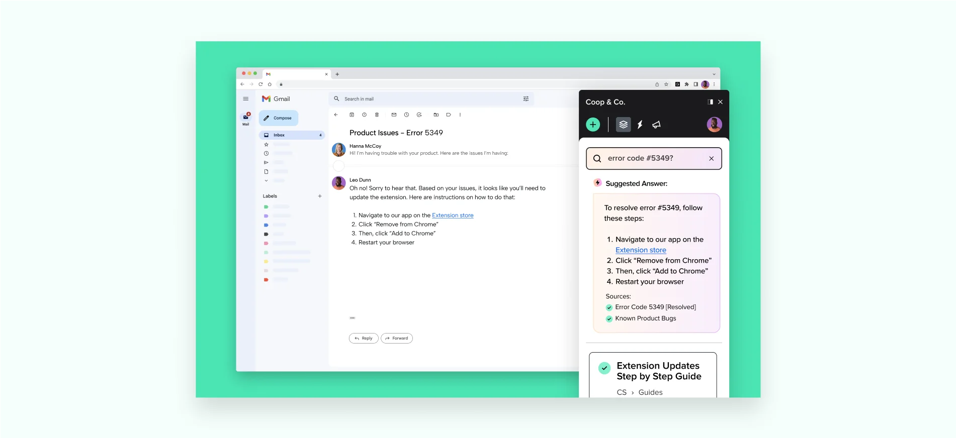 Guru answering a question about error code 5349 inside a Gmail thread, with sources listed, as taken from Guru