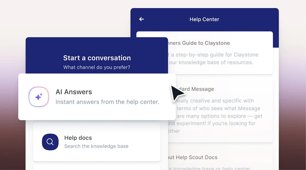 ナレッジベース上でAI AnswersとヘルプドキュメントのAI検索を提供するHelp ScoutのBeaconウィジェット。Help Scoutより引用